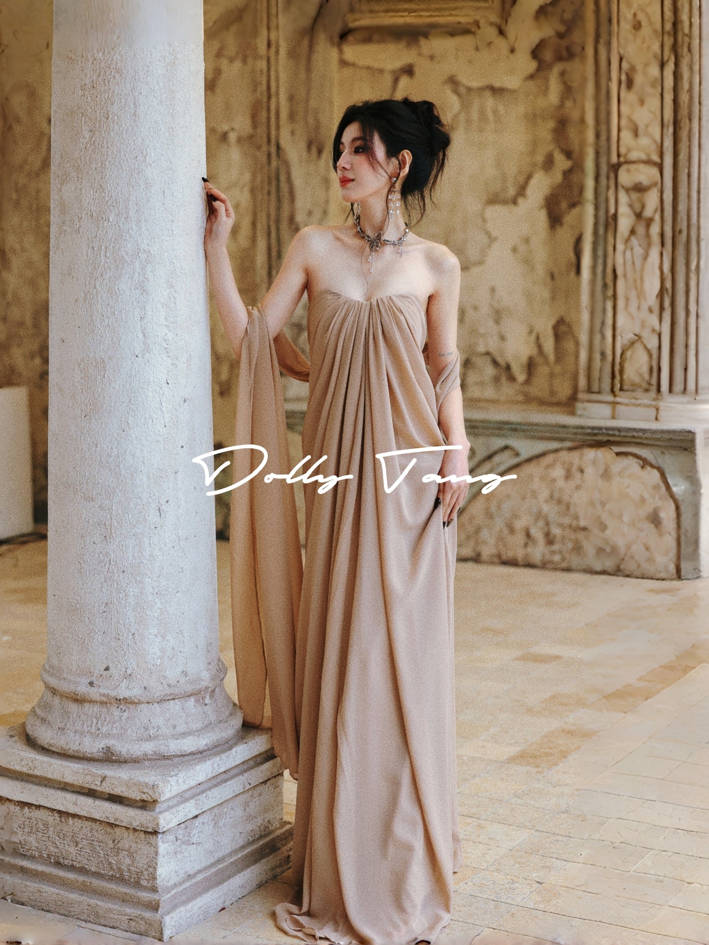 Nude Draped Chiffon Strapless Goddess Maxi Gown – dollytang