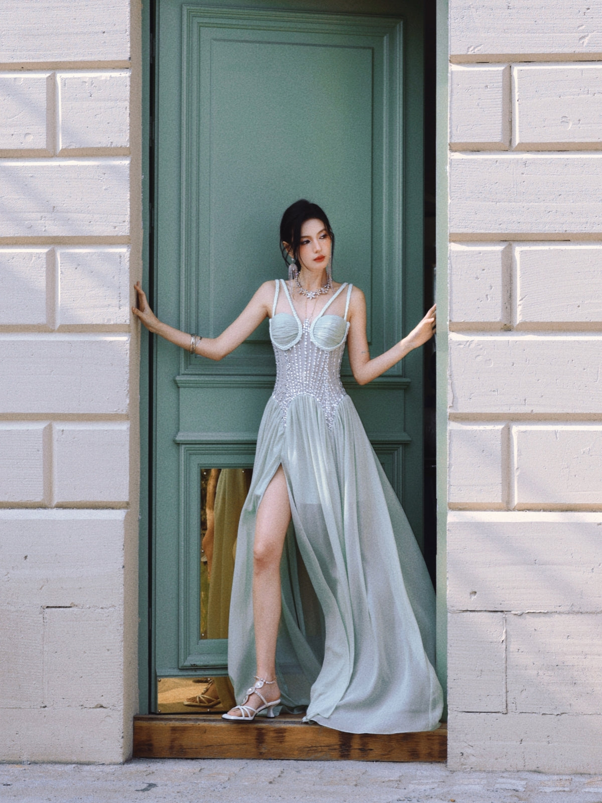 Dollytang Stephanie Rhinestone Split Maxi Dress