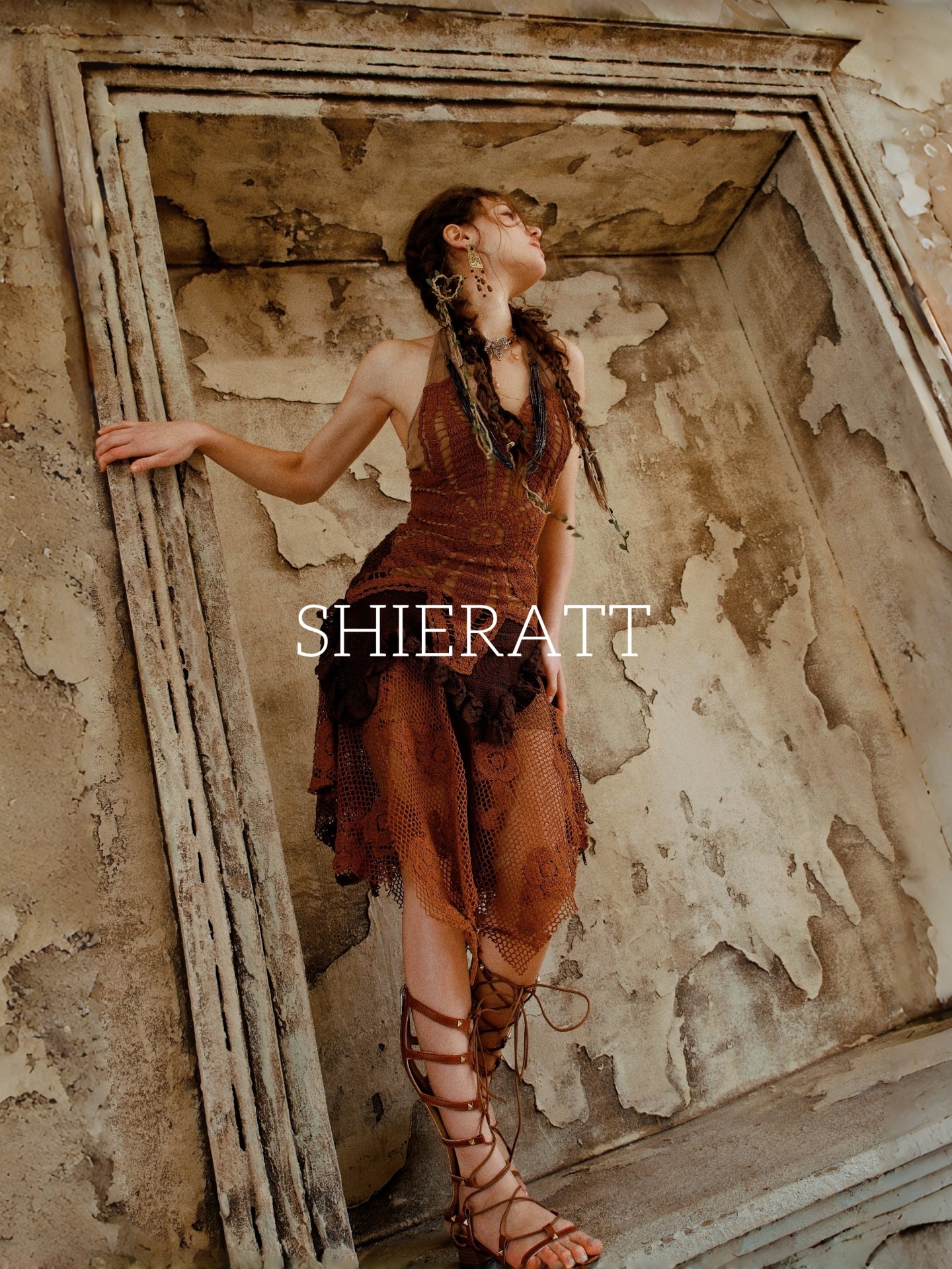 Shieratt Clarence Halter Neck Embroidery Knit Hollow Mini Dress