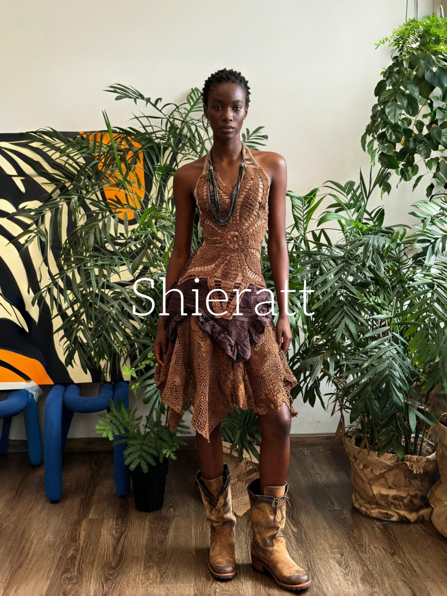 Shieratt Clarence Halter Neck Embroidery Knit Hollow Mini Dress