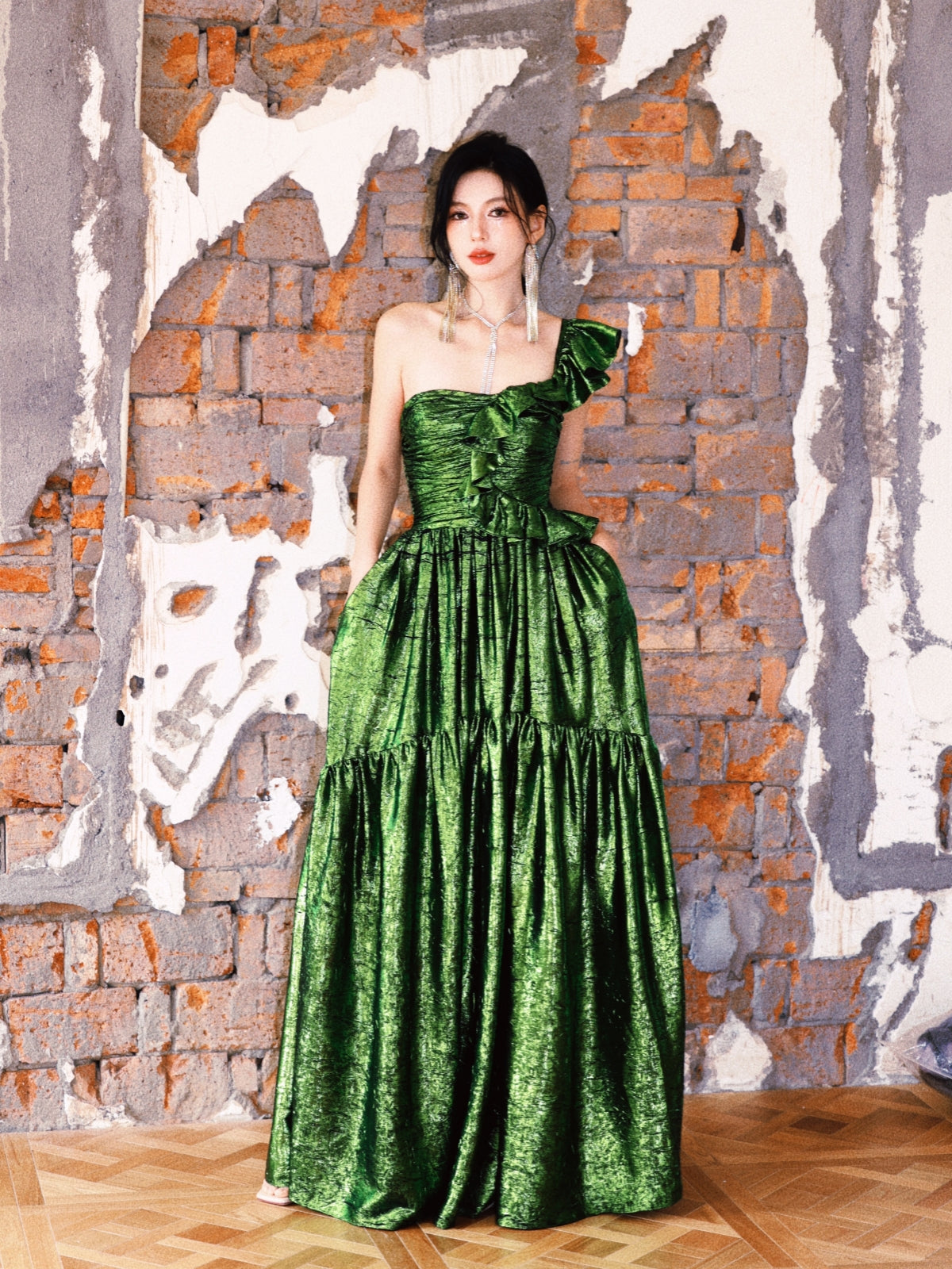 Dollytang Cameron One-shoulder Ruffled Metallic Maxi Dress