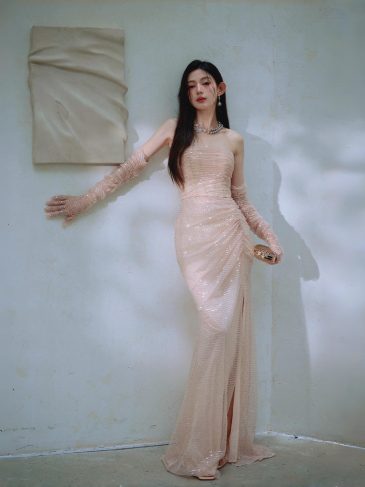 Dollytang Monet Strapless Sequin Mesh Maxi Dress With Gloves