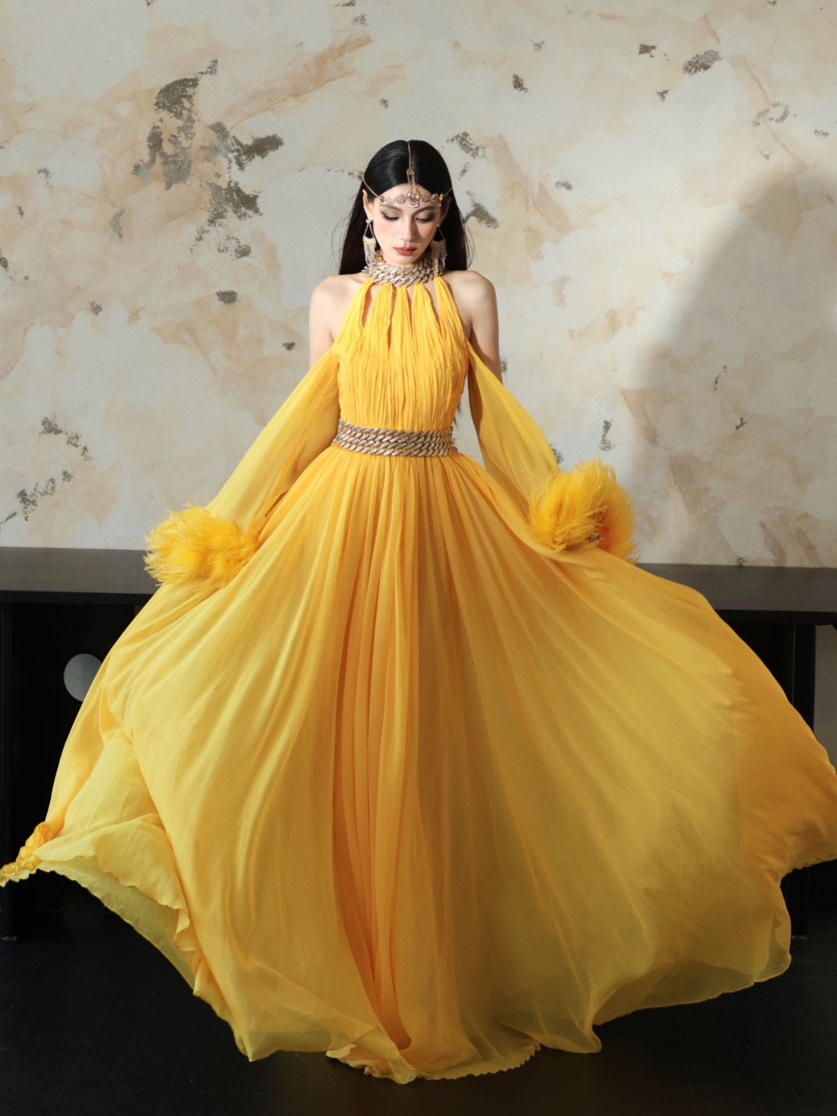 Dollytang Luzmaree Halterneck Cut-out Feather Maxi Dress