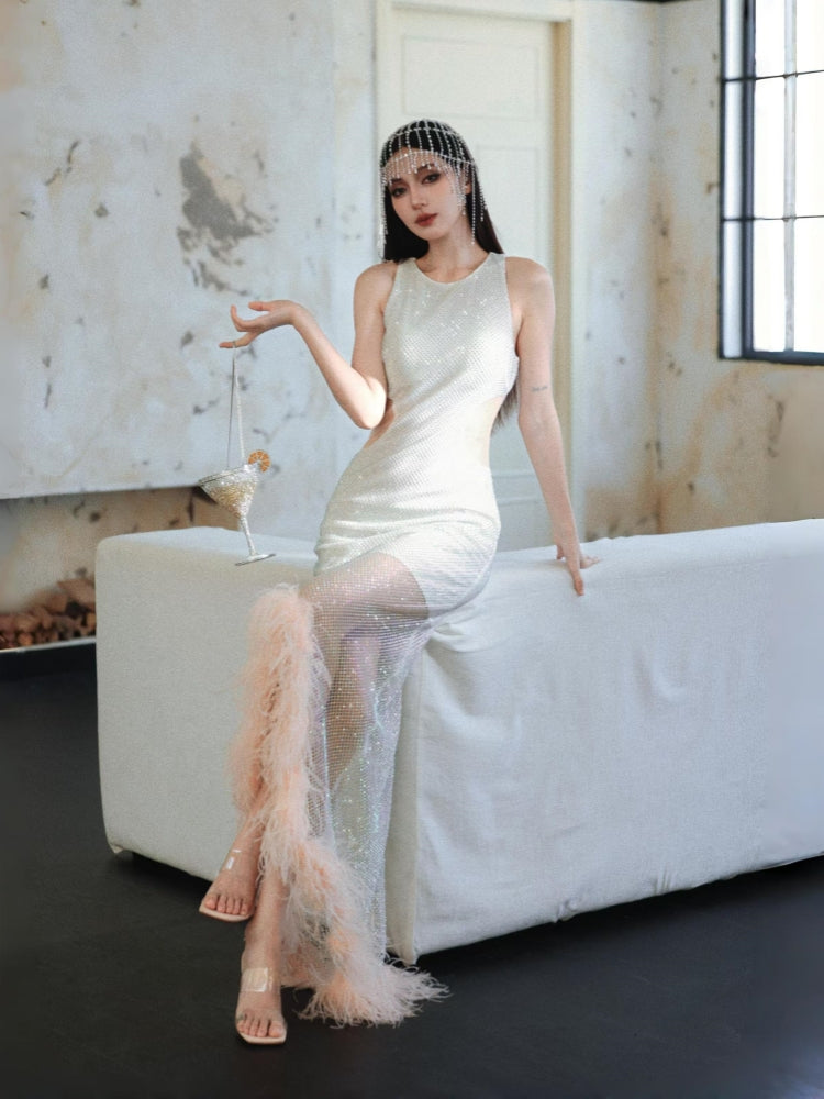 Rhinestone Mesh Dress Rhinestone Feather Dress Women's White