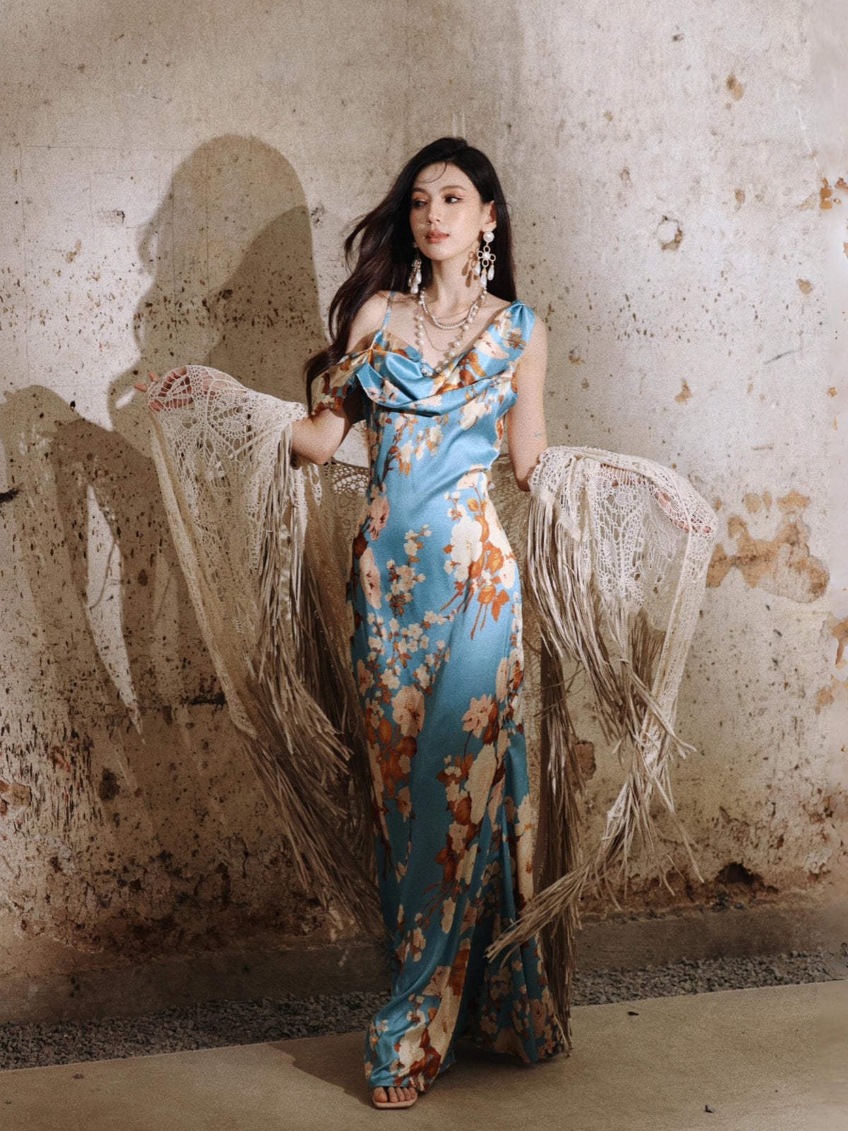 Dollytang Isabella Flower Printed Asymmetric Neckline Maxi Dress