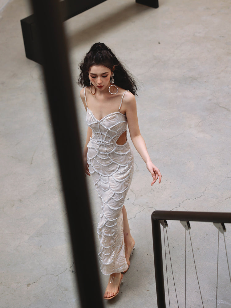 Dollytang Amy Pearl Sequin Embellished Cutout Midi Dress