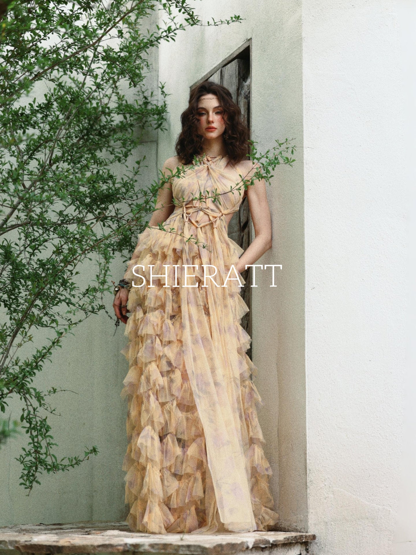Boho Sheer Mesh Lace Up Backless Ruffled Vacation Dress