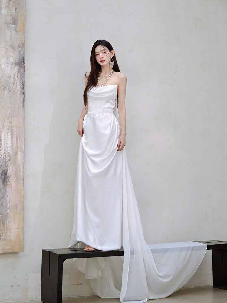 Dollytang Muriel Strapless Pure White Gathered Warp Supported By Fish Bones Maxi Dress