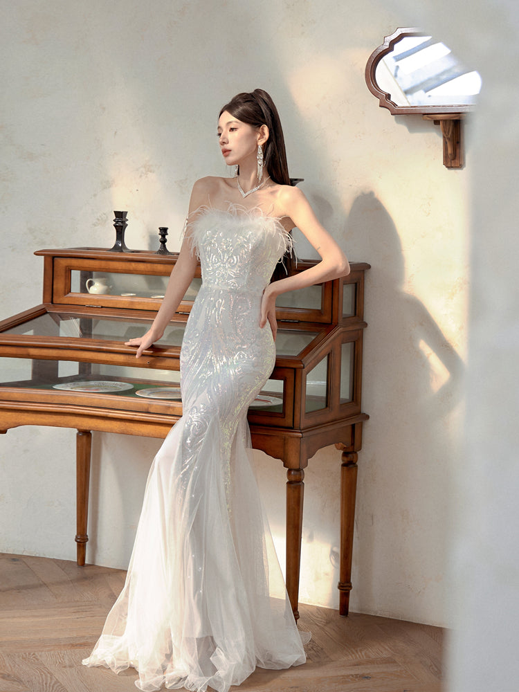 Dollytang Meroy Feather Sequin Fishtail Dress dollytang Dollytang Meroy Feather Sequin Fishtail Dress dollytang