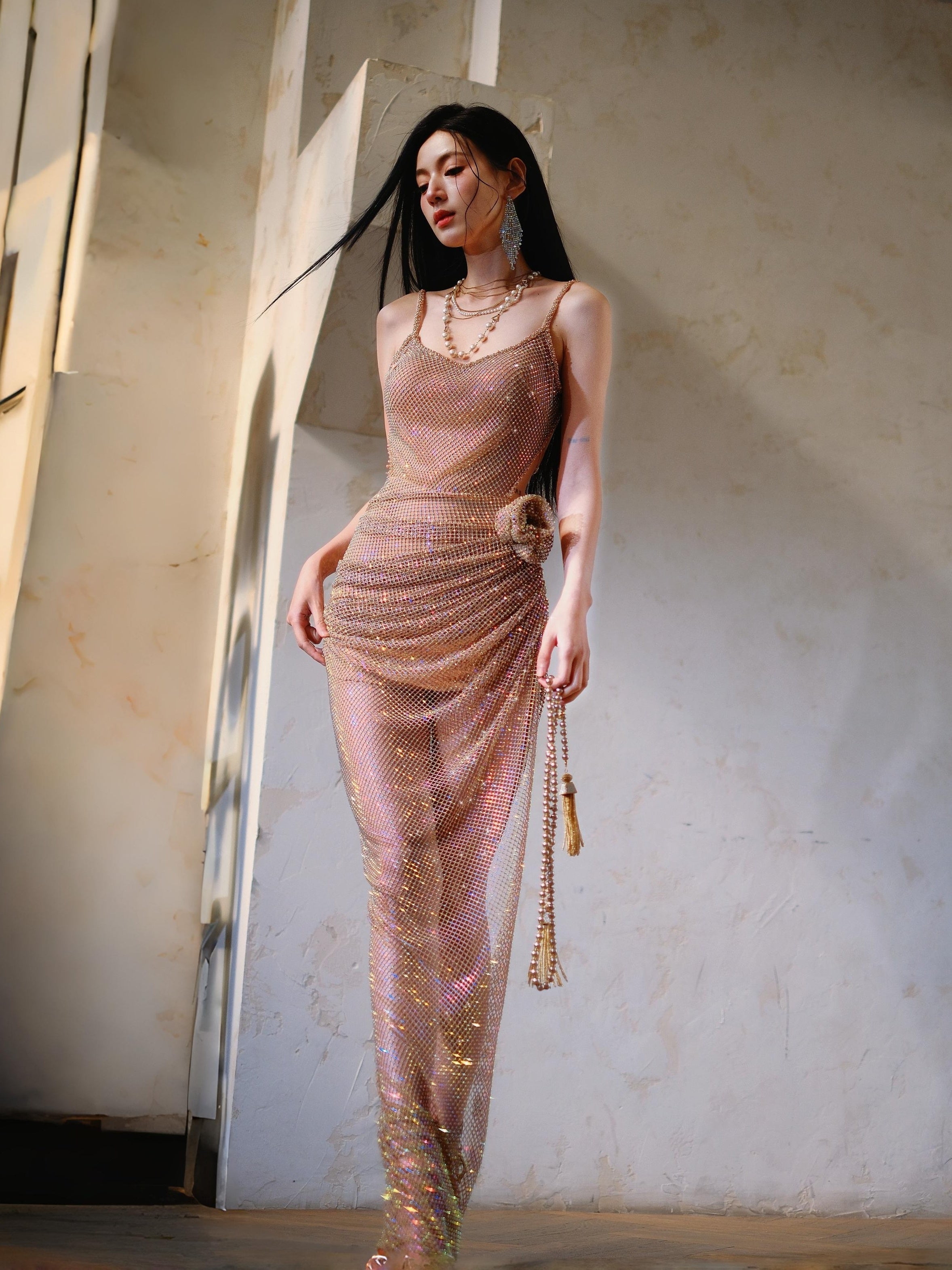 Dollytang Rozene Rhinestone Netted Split Maxi Dress