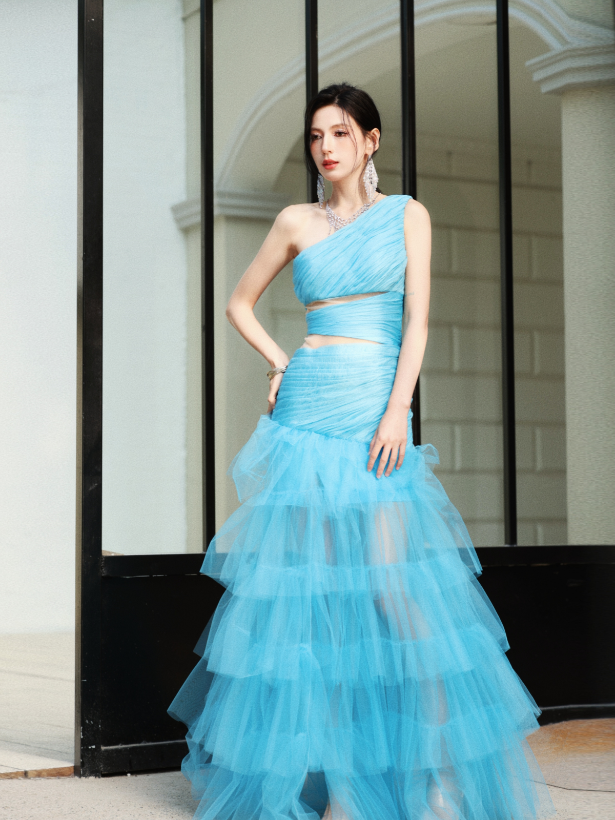 Dollytang Azura One shoulder Ruched Mesh Cutout Maxi Dress