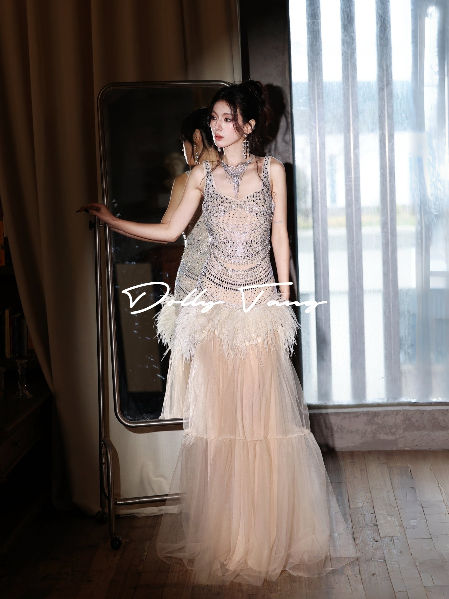 Plumara Sparkle Feather Tulle Evening Maxi Dress