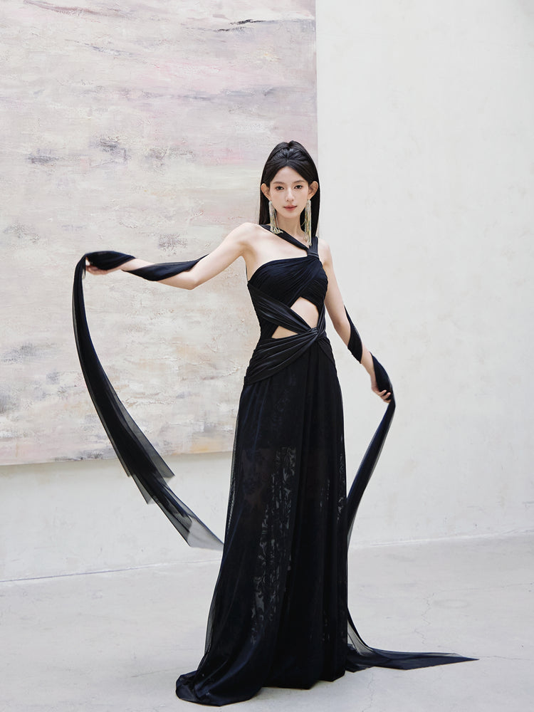 Dollytang Leona Cut-Out Ribbon Patchwork Draped Mesh Maxi Dress