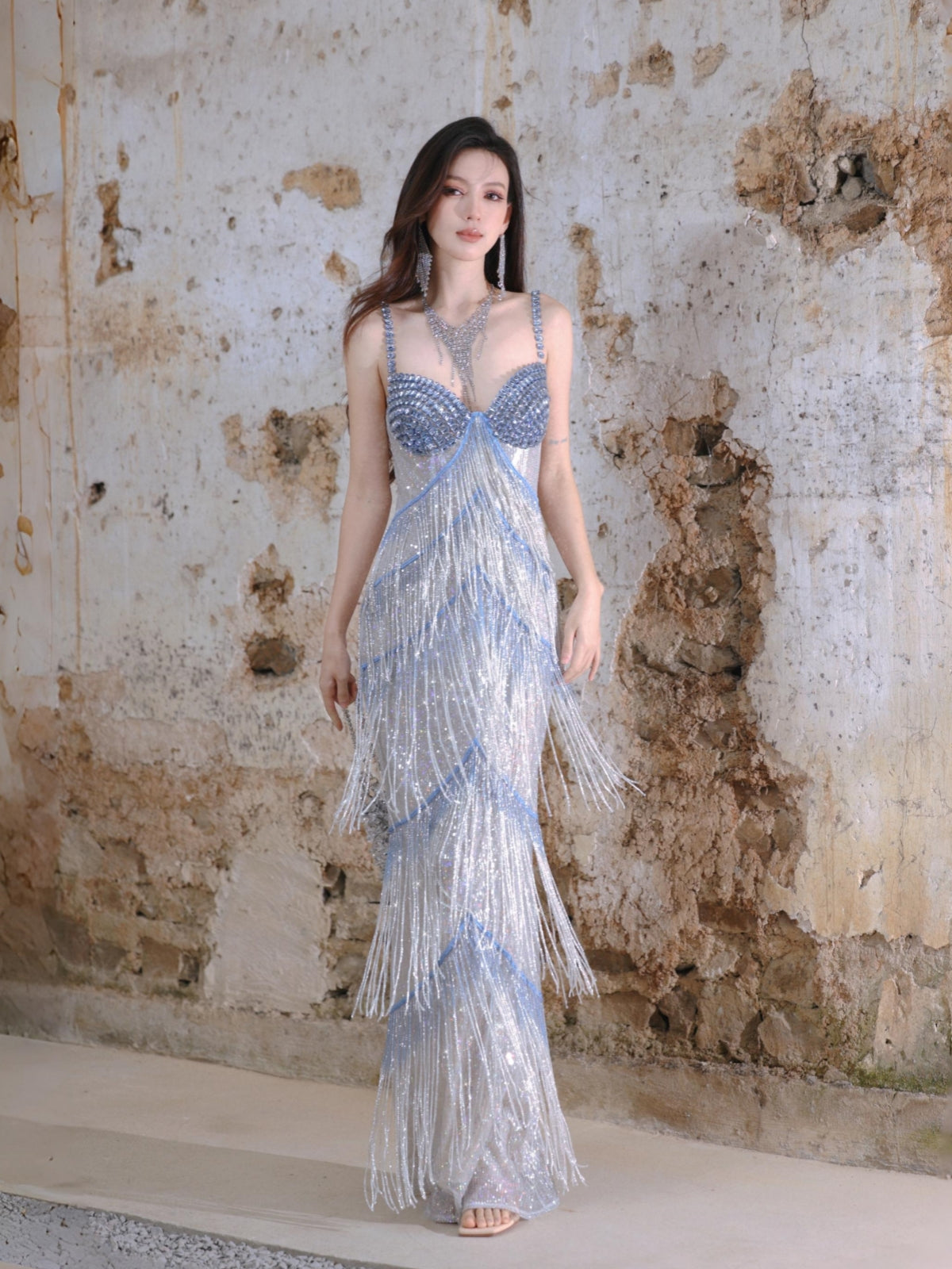 Dollytang Jessica Spaghetti Crystal Fringe Maxi Dress dollytang Dollytang Jessica Spaghetti Crystal Fringe Maxi Dress dollytang