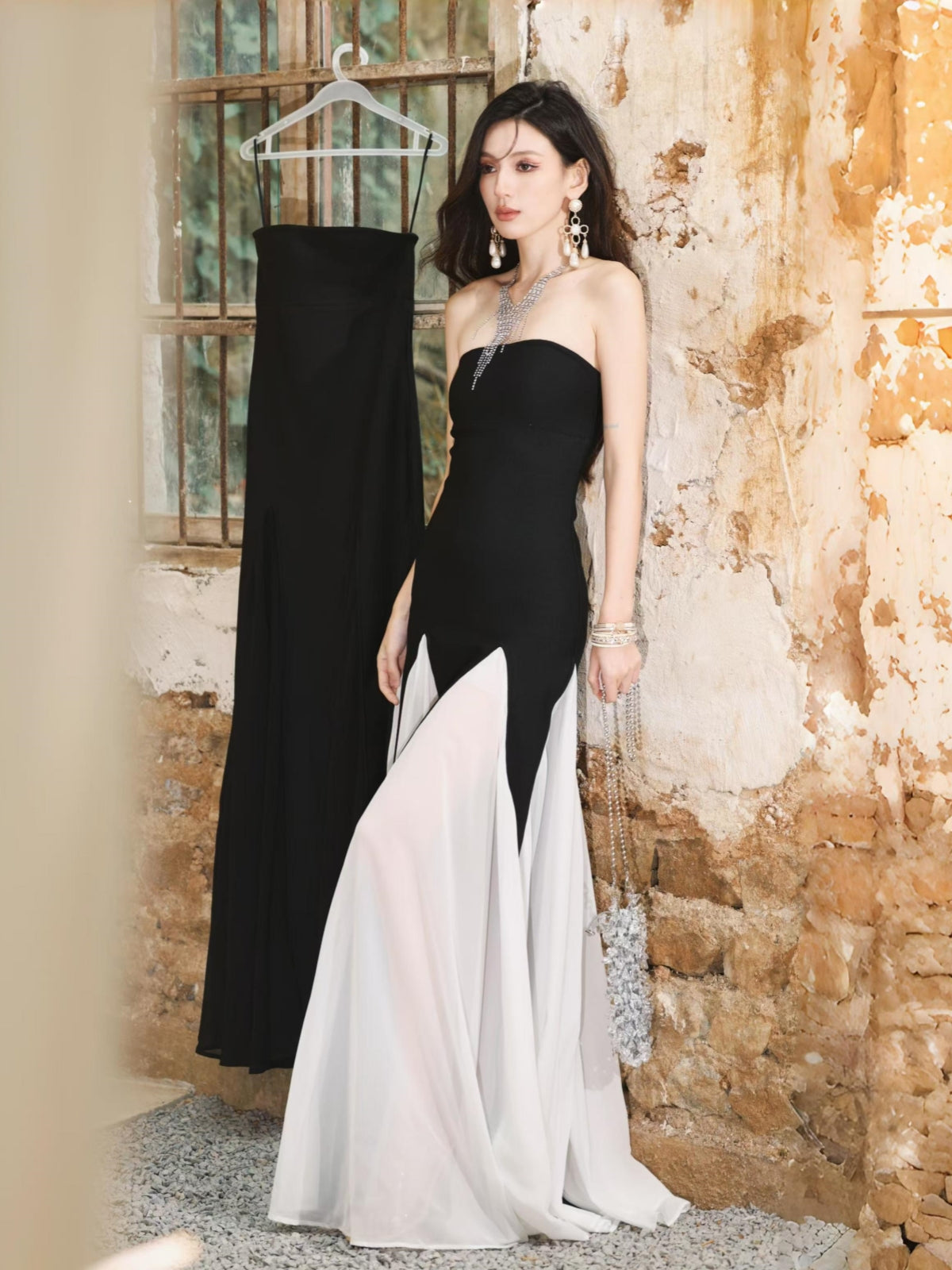 Dollytang Hepburn Strapless Patchwork Gauze Bandage Maxi Dress