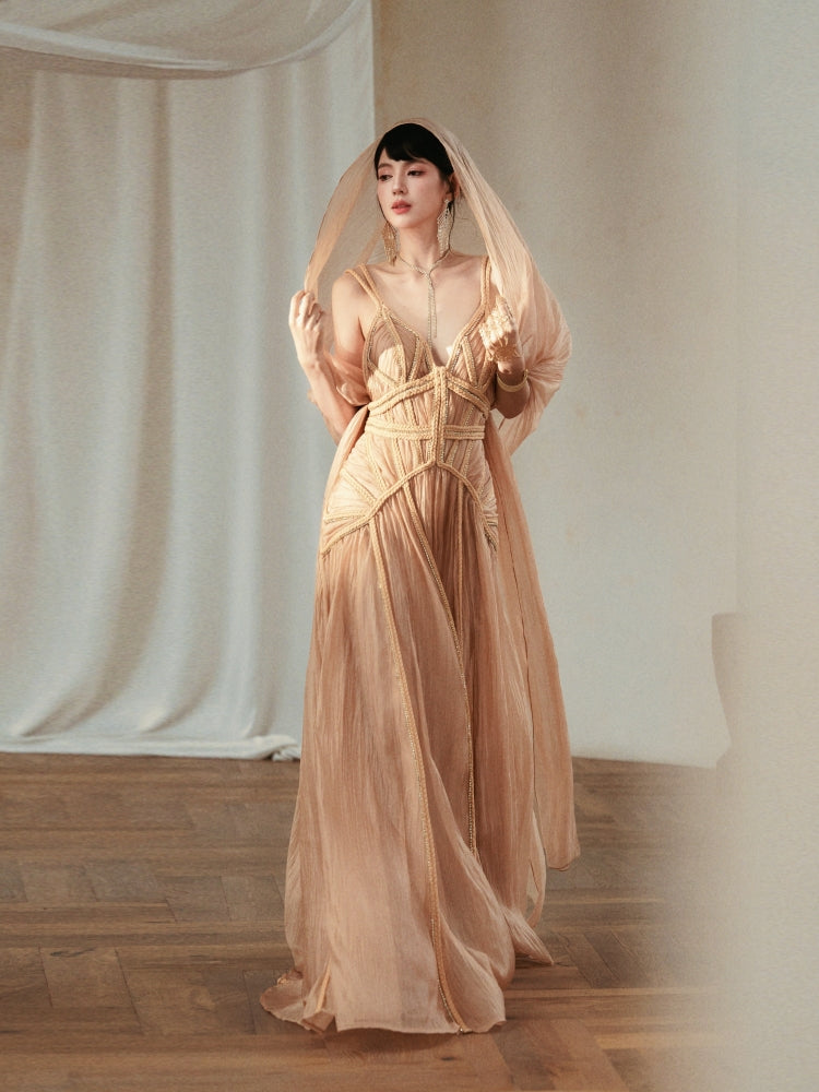 Dollytang Apocalypse Heavy Handwork Rhinestone Ribbon Maxi Dress