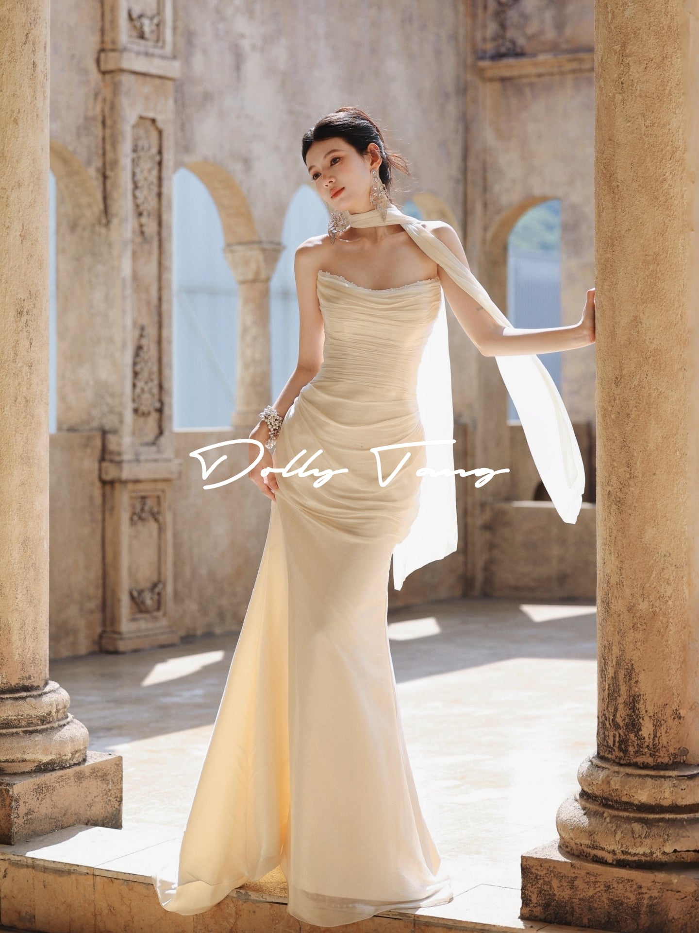 Flowing Scarf Ruched Mermaid Gown With Scarf