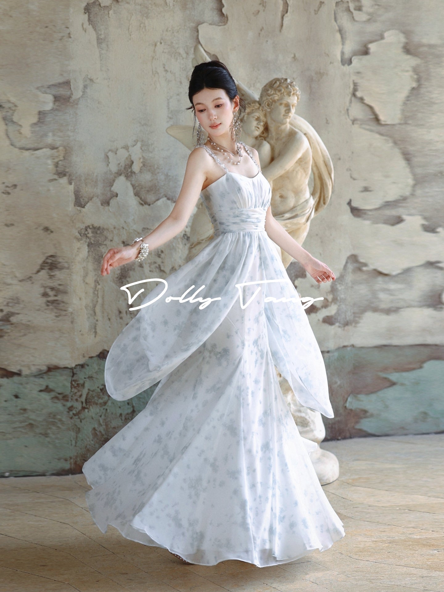 Bruma Rhinestone Strap Ruched Waist Flowy Formal Gown