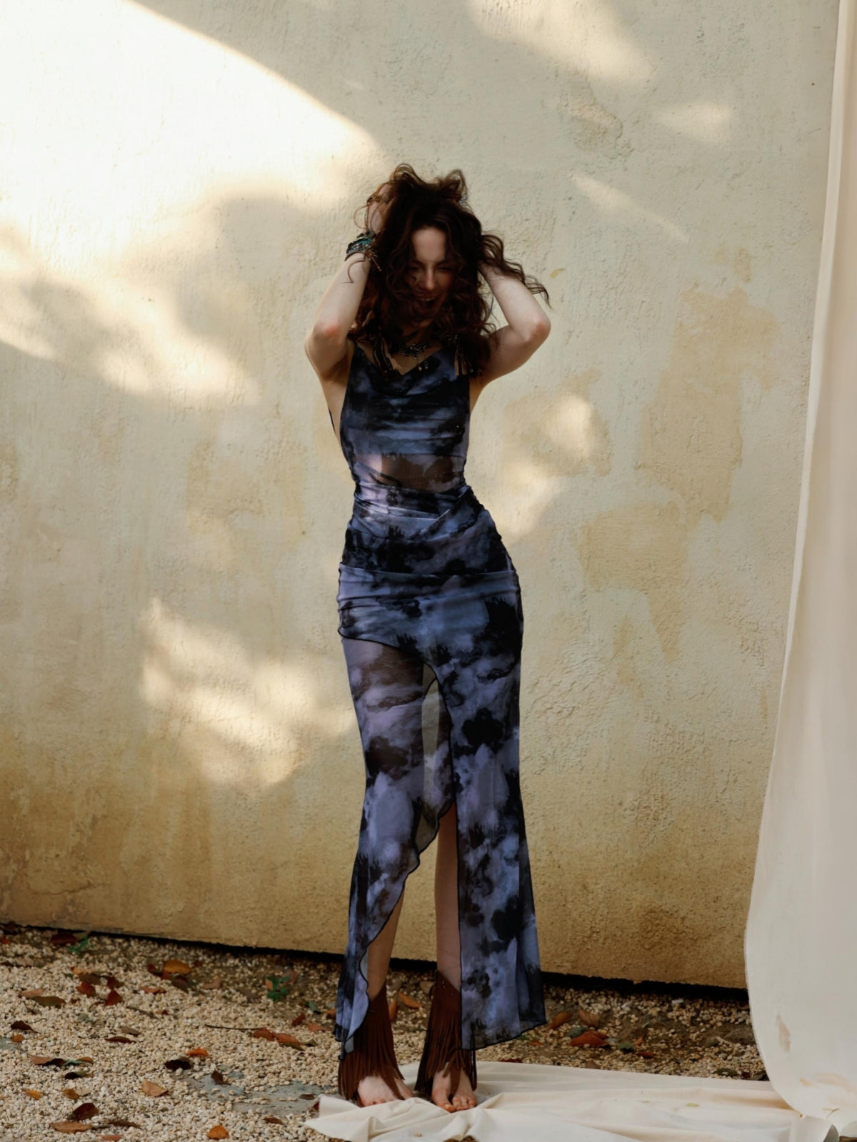 Shieratt Raven Spaghetti Cowl Neck Thigh-High Slit Midi Dress