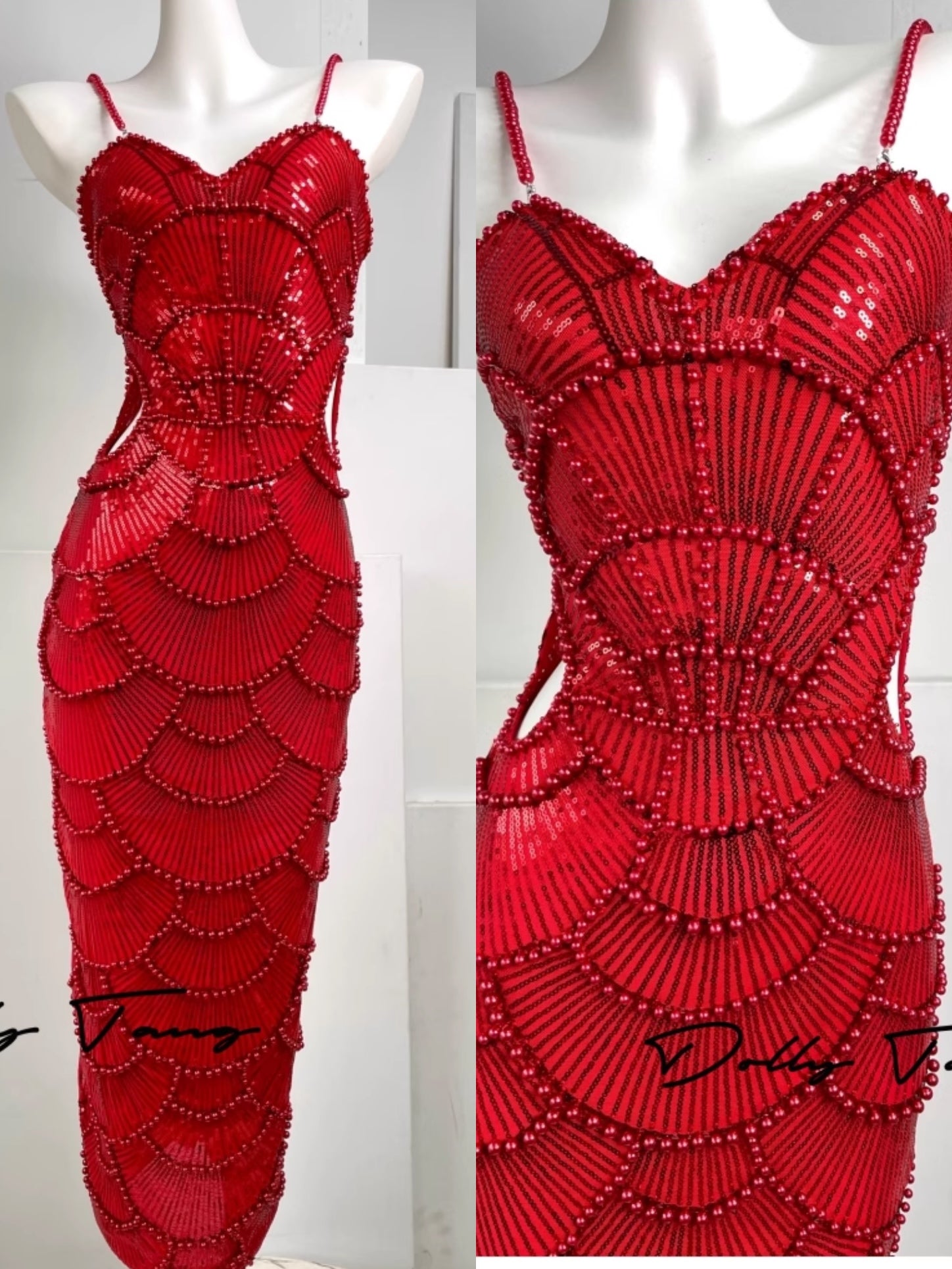 Dollytang Amy Pearl Sequin Embellished Cutout Midi Dress