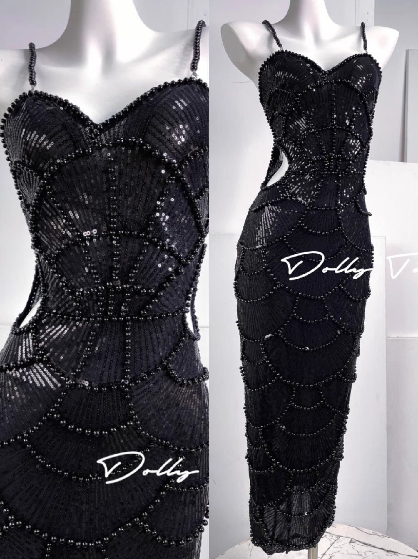 Dollytang Amy Pearl Sequin Embellished Cutout Midi Dress