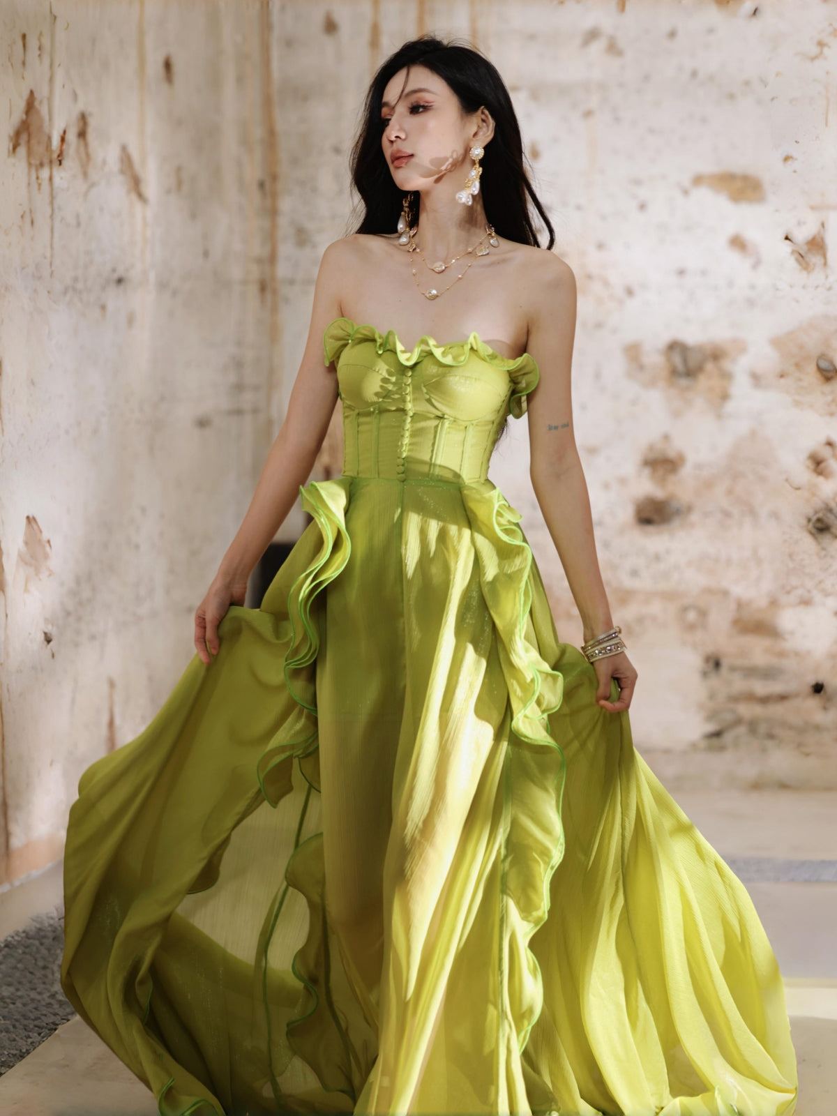 Dollytang Theresa Strapless Ruffle Maxi Chiffon Dress