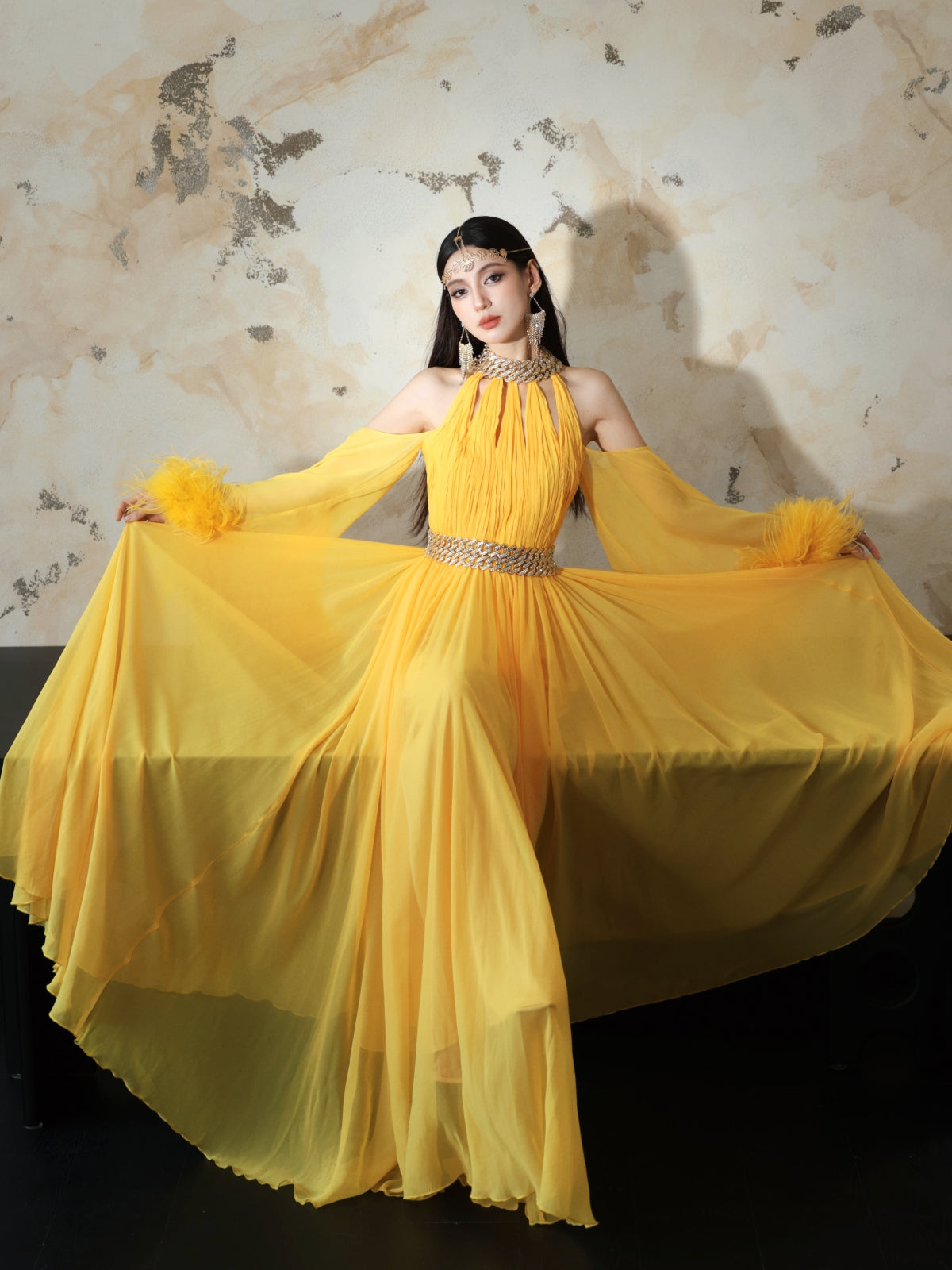 Dollytang Luzmaree Halterneck Cut-out Feather Maxi Dress