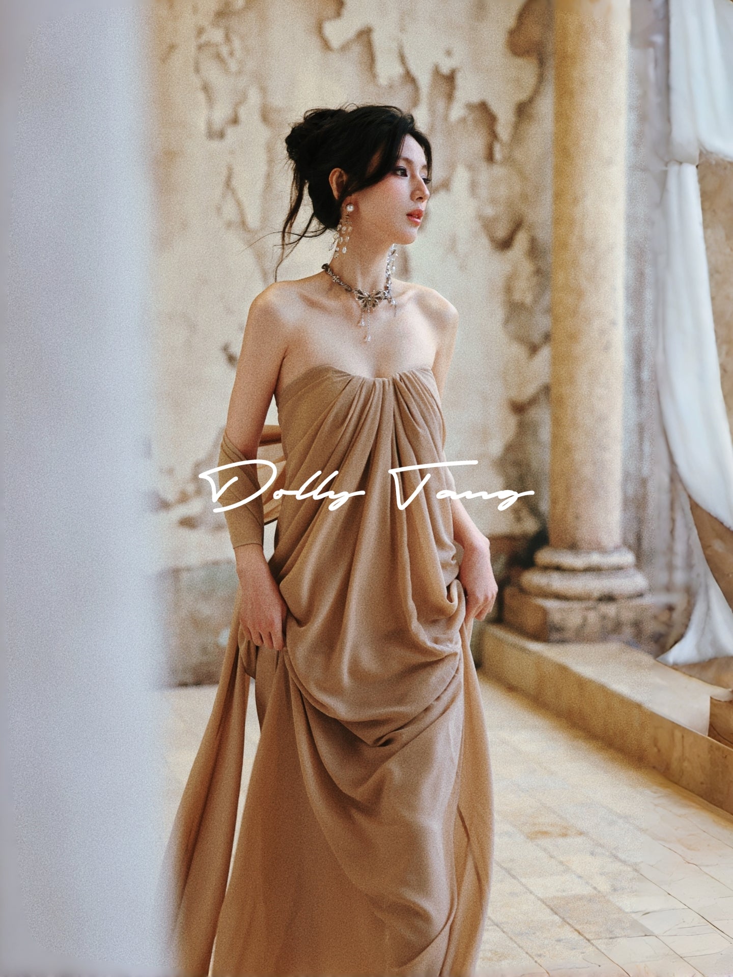 Nude Draped Chiffon Strapless Goddess Maxi Gown