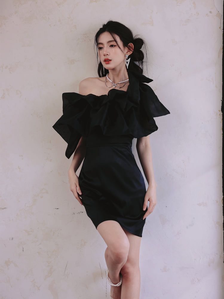 Dollytang Mavis One Shoulder Ruffle Satin Mini Dress