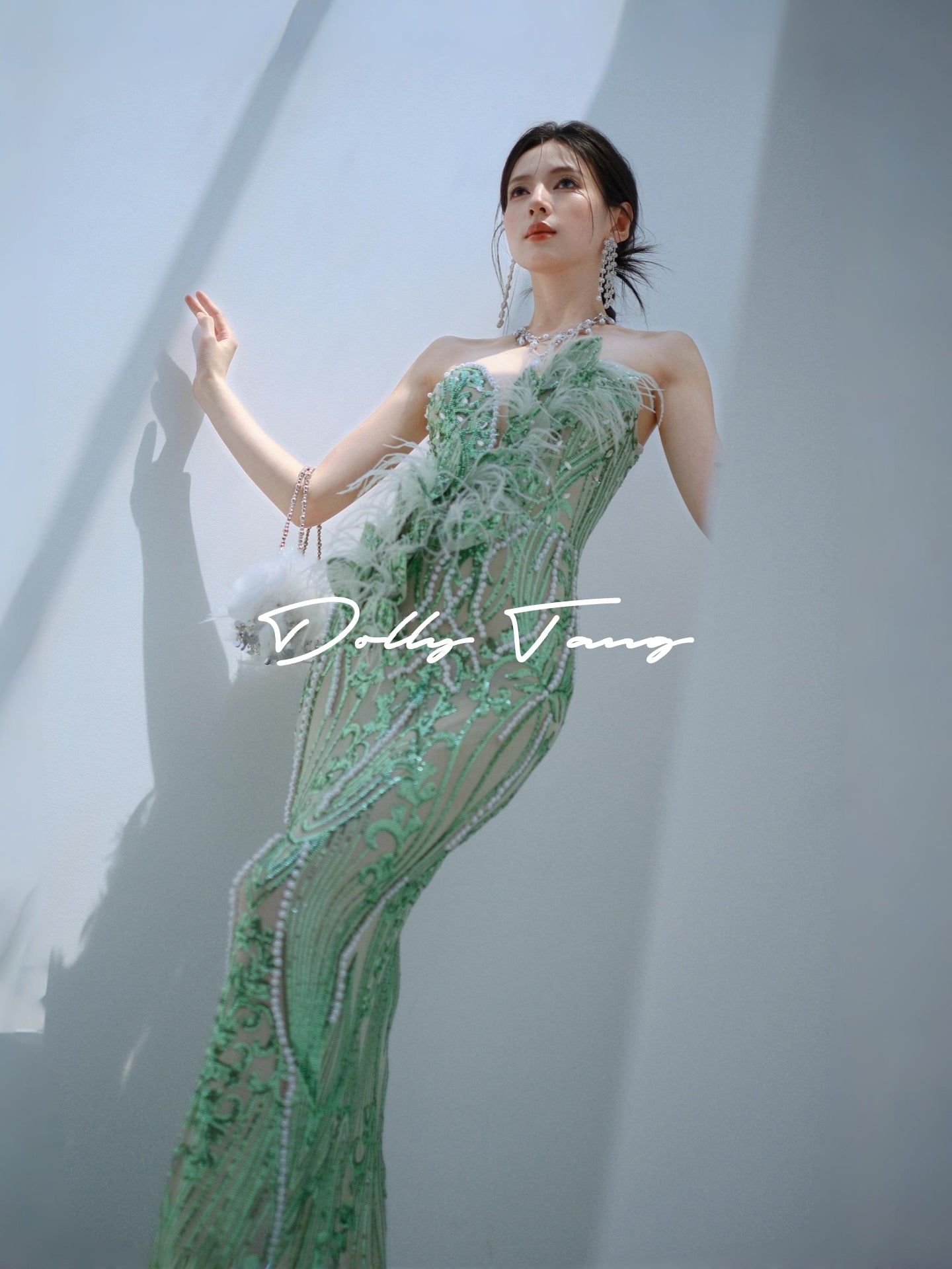 Dollytang Agata Strapless Pearl Feather Maxi Dress