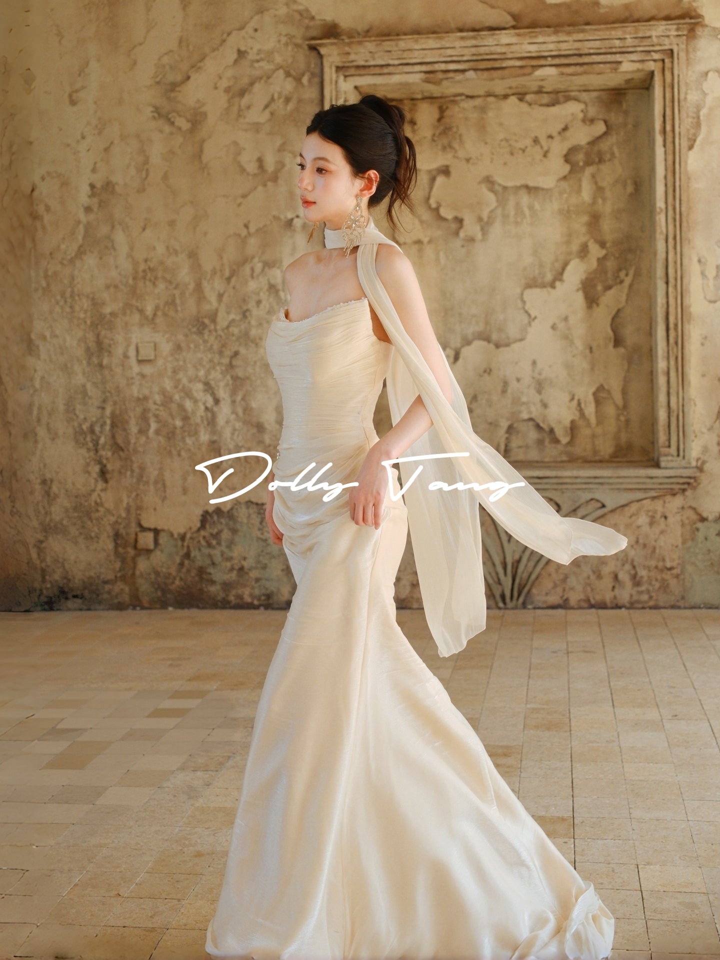 Flowing Scarf Ruched Mermaid Gown With Scarf