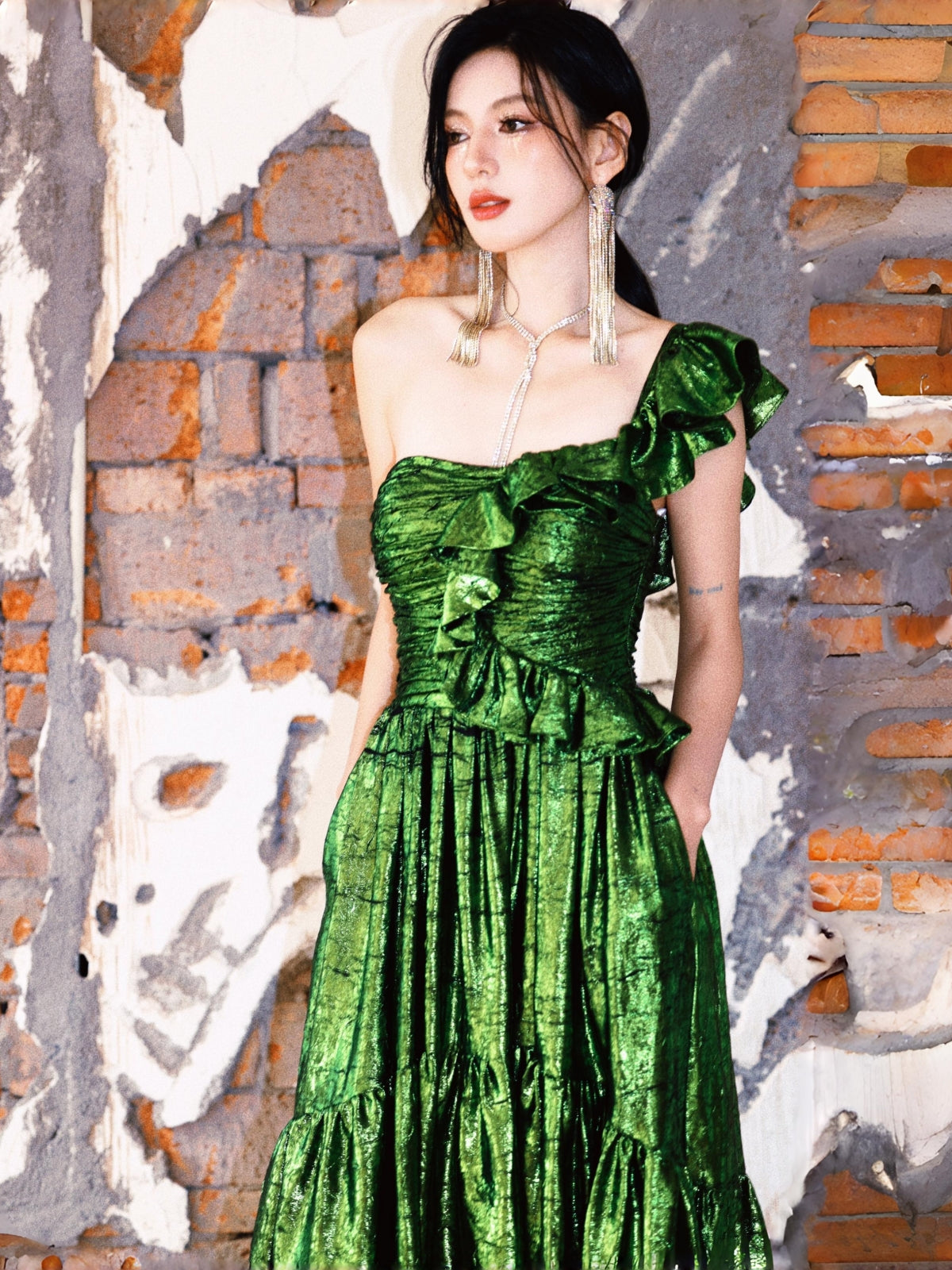 Dollytang Cameron One-shoulder Ruffled Metallic Maxi Dress