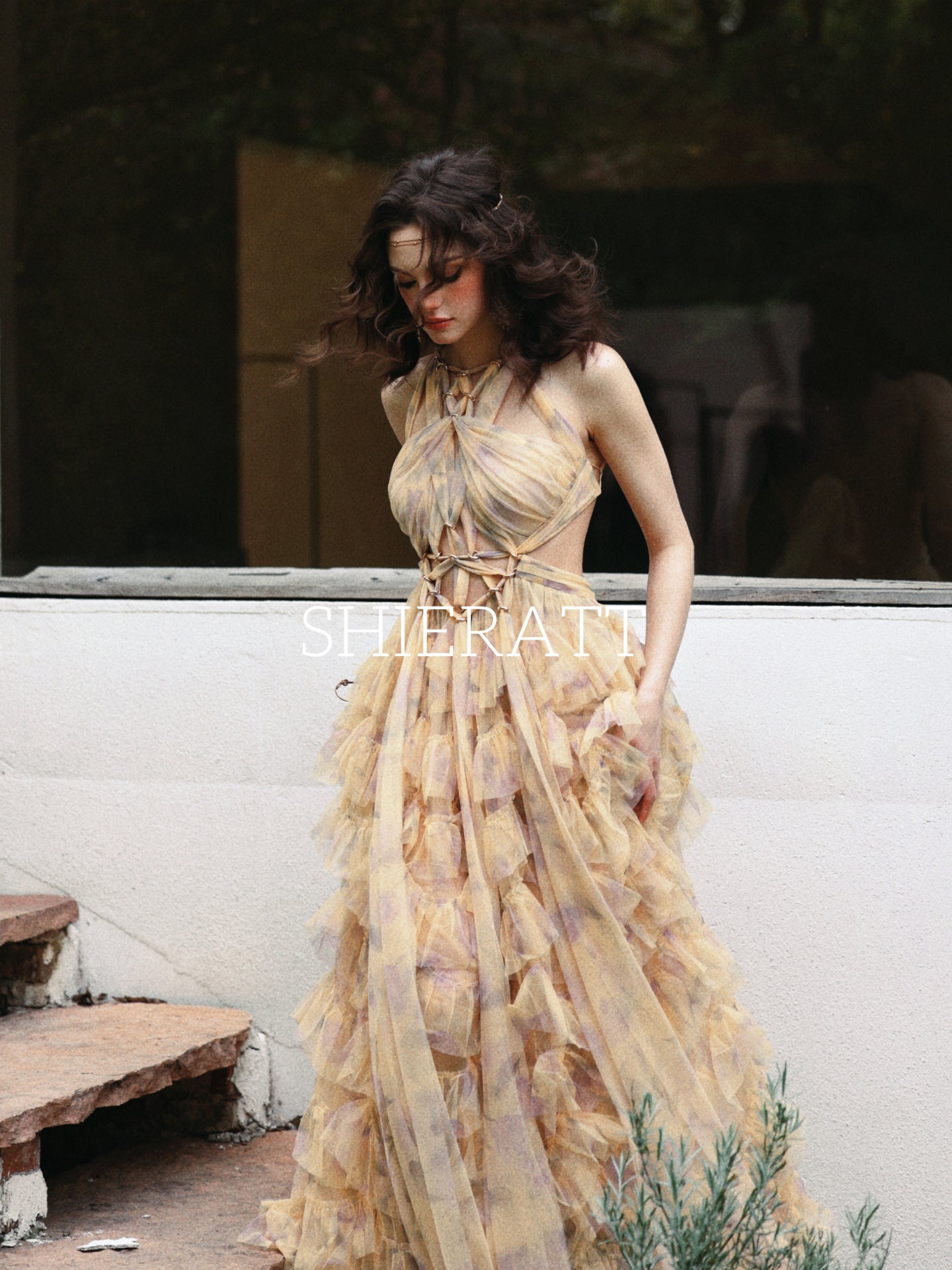Boho Sheer Mesh Lace Up Backless Ruffled Vacation Dress