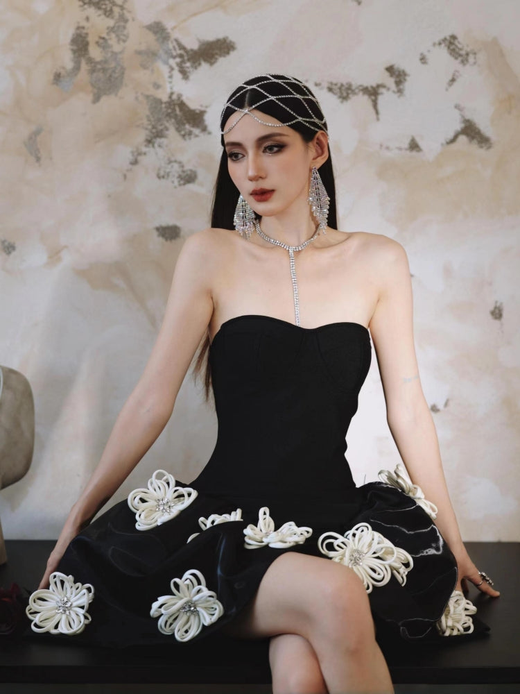 Dollytang Florence Strapless Flower Patchwork Bandage Mesh Mini Dress