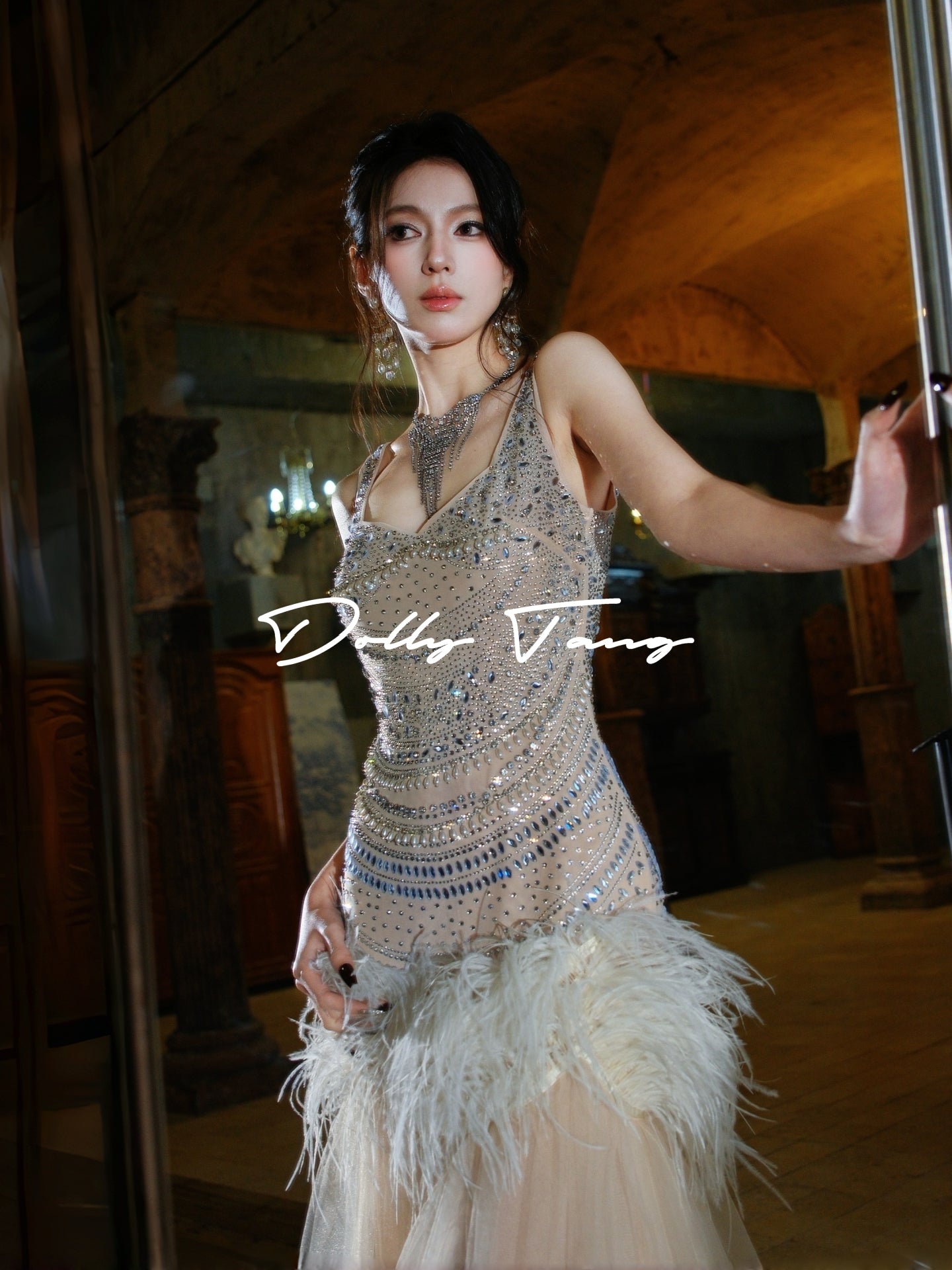 Plumara Sparkle Feather Tulle Evening Maxi Dress