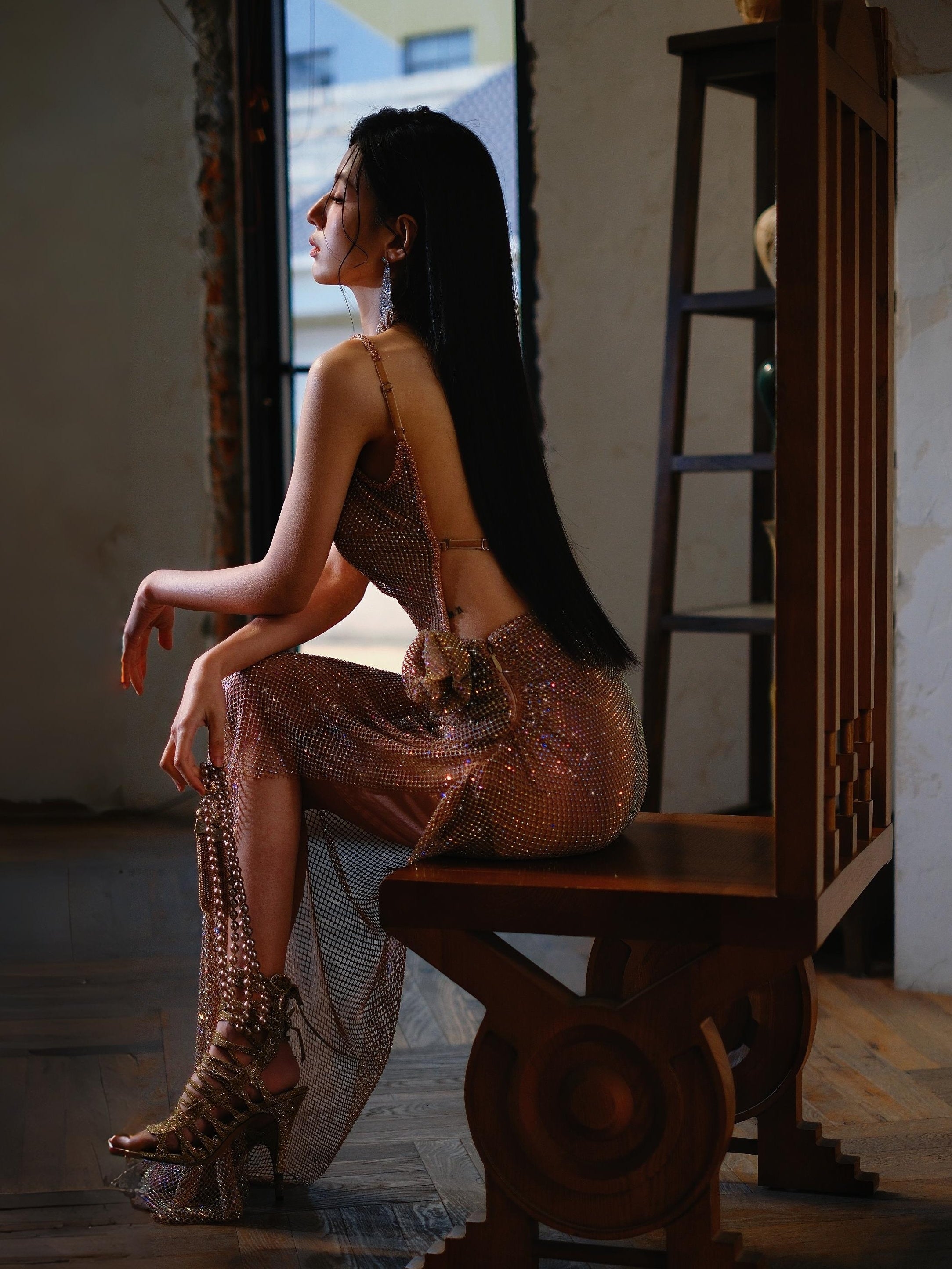 Dollytang Rozene Rhinestone Netted Split Maxi Dress