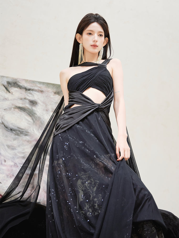 Dollytang Leona Cut-Out Ribbon Patchwork Draped Mesh Maxi Dress