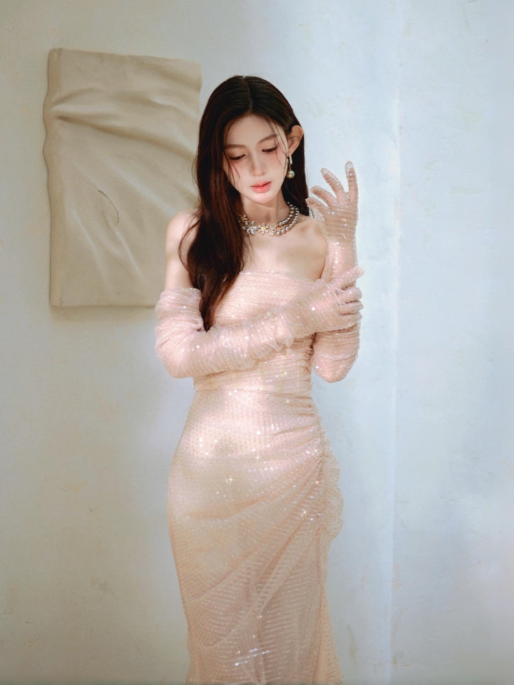 Dollytang Monet Strapless Sequin Mesh Maxi Dress With Gloves