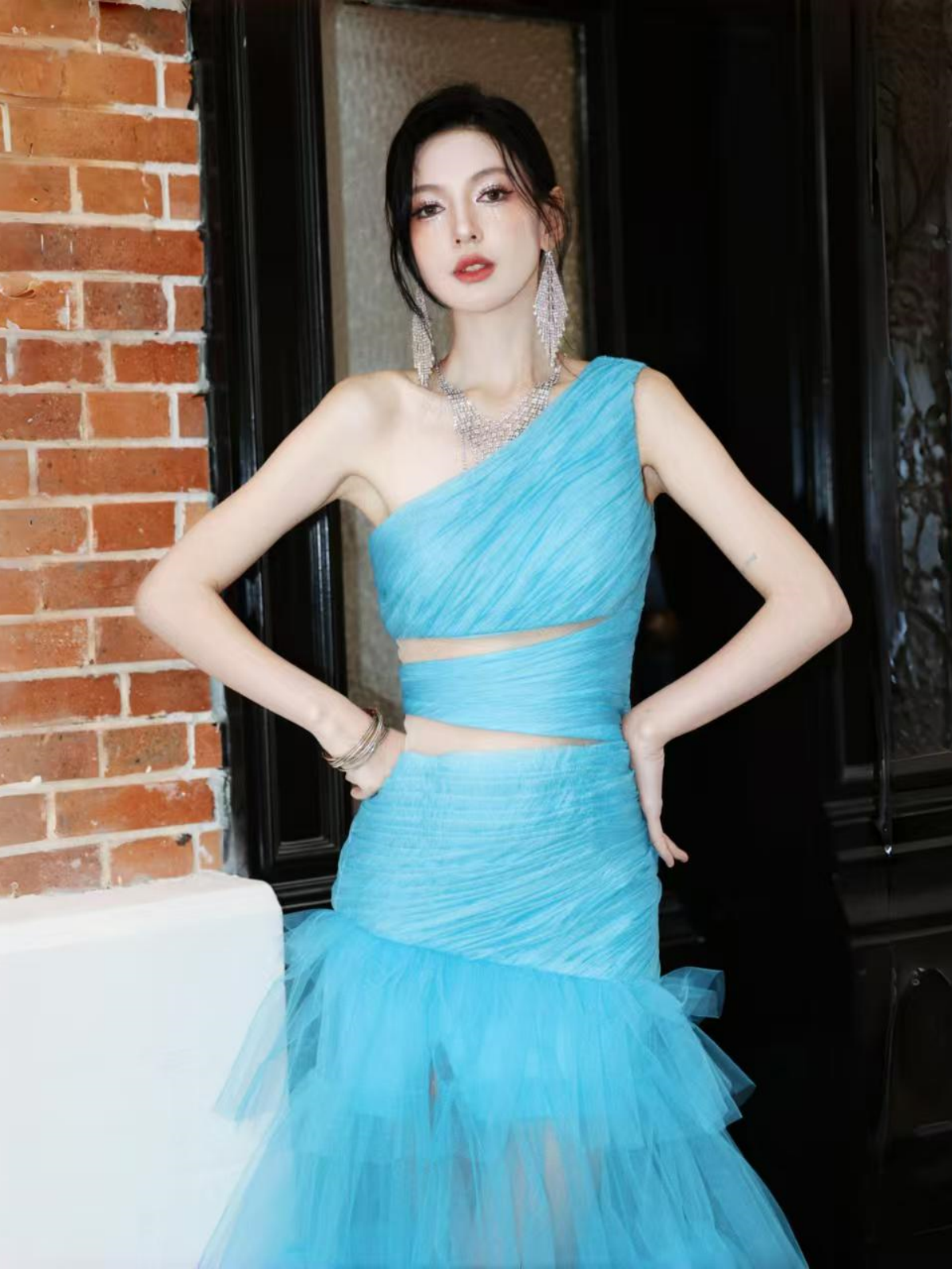 Dollytang Azura One shoulder Ruched Mesh Cutout Maxi Dress