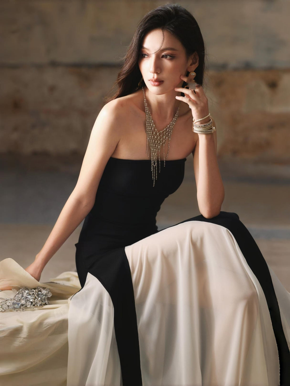 Dollytang Hepburn Strapless Patchwork Gauze Bandage Maxi Dress