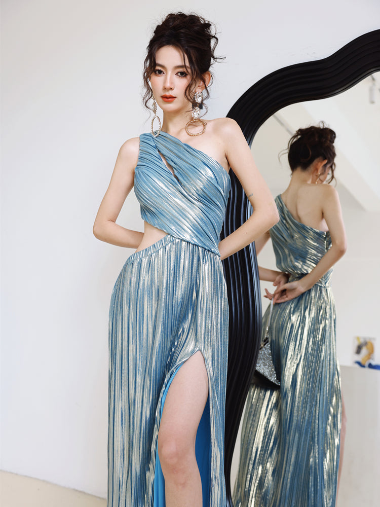 Dollytang Astrid Metallic Gathered Warp Maxi Dress