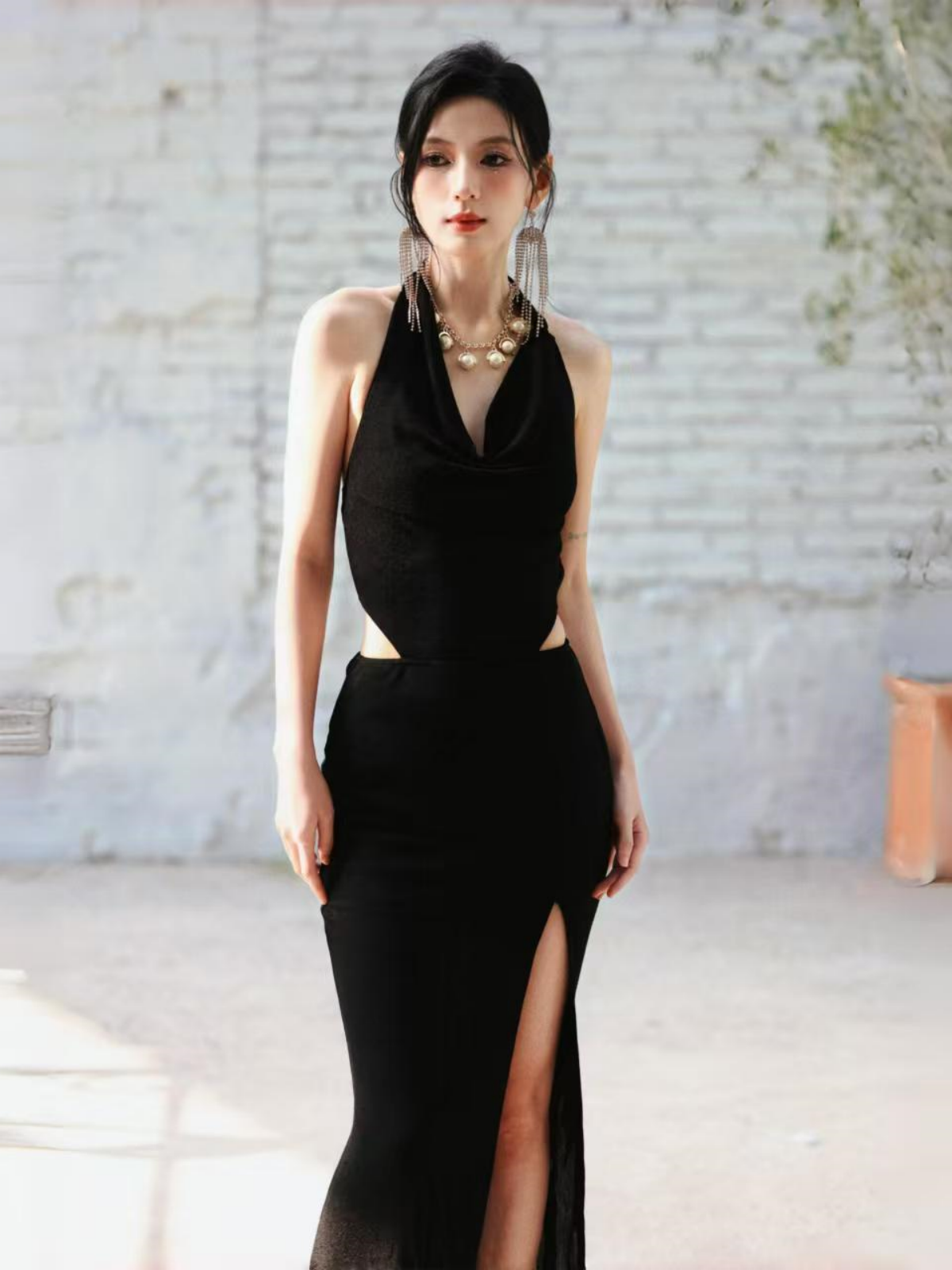 Dollytang Bonnie Halterneck Cut-out Split Maxi Dress