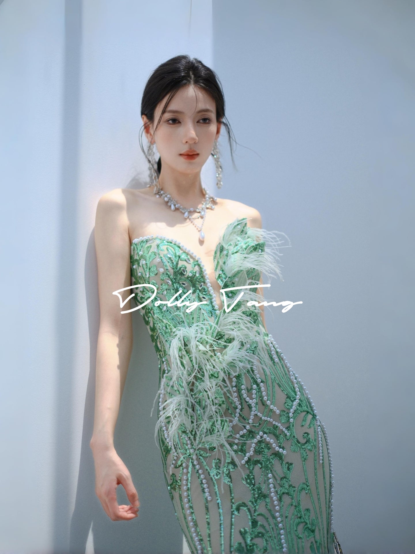 Dollytang Agata Strapless Pearl Feather Maxi Dress