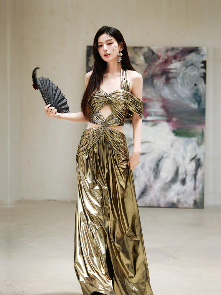 Dollytang Astrid Metallic Halterneck Cut-Out Gathered Warp Maxi Dress