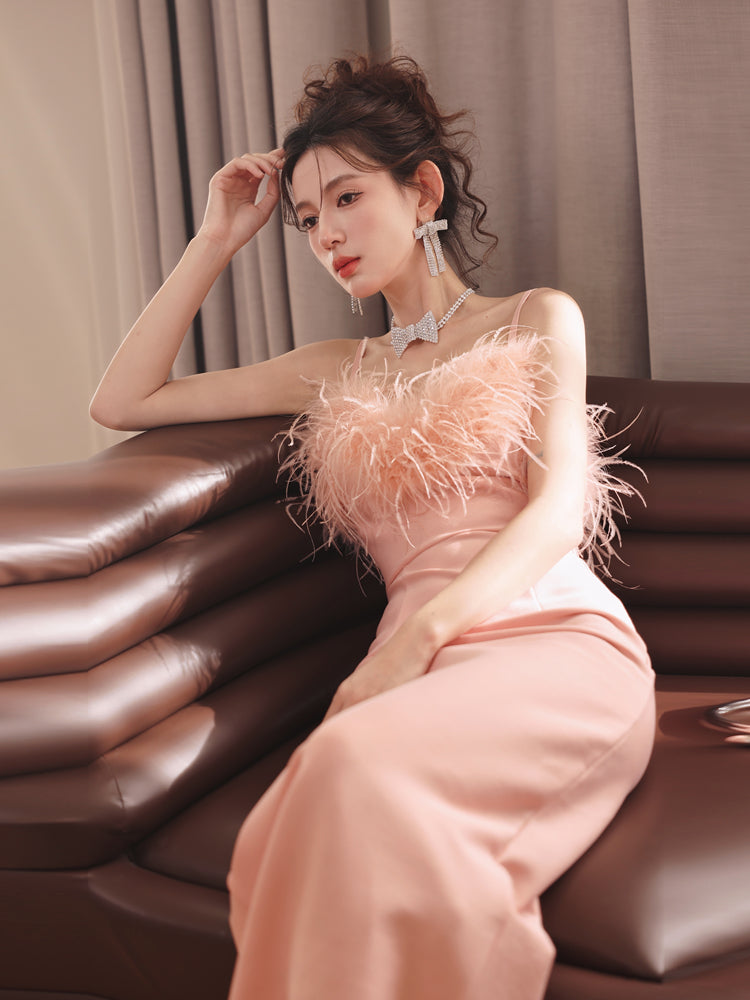 Dollytang Nancy Suspenders Feather Trimmed Bandage Dress