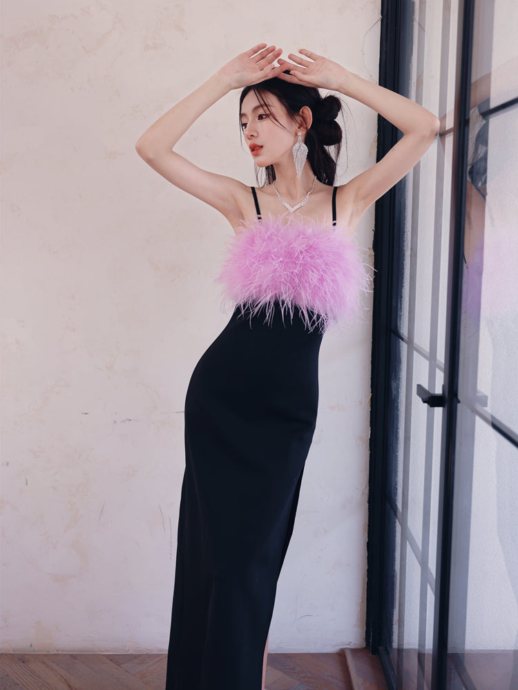 Dollytang Spaghetti Feather Lace Up Maxi Dress