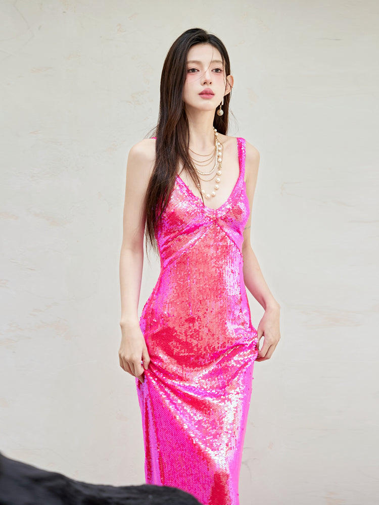 Dollytang Hulda Hot Pink Sequin Maxi Dress