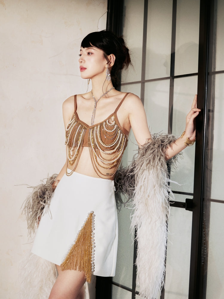 Dollytang Blanche Pearl Fringe Chain Beaded Skirt Set