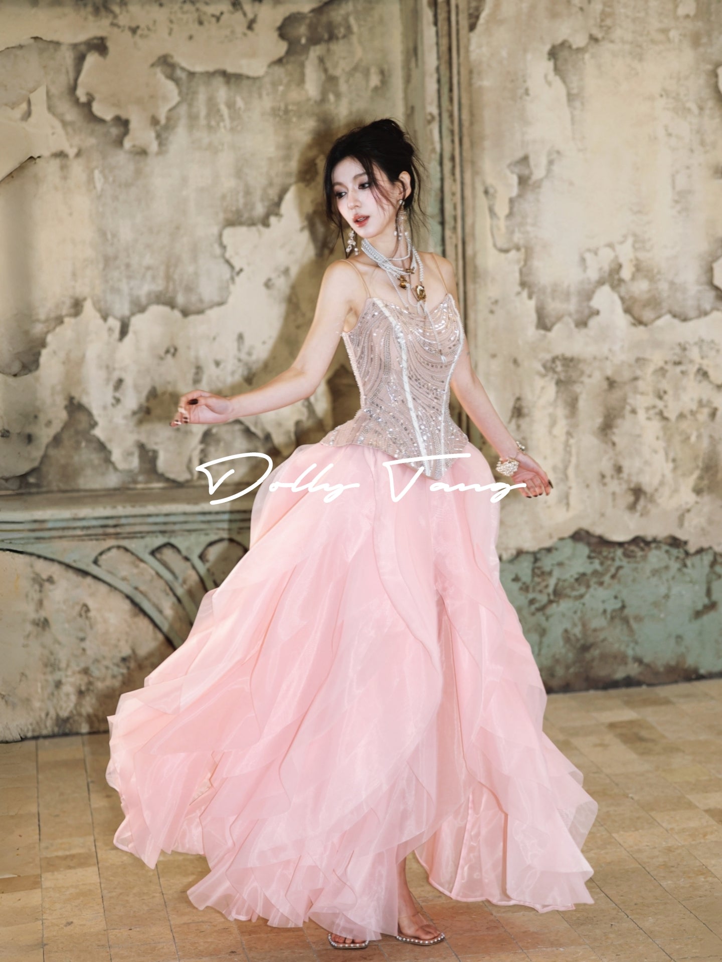 Lillian Flowy Tiered Tulle Sparkle Corset Prom Dress