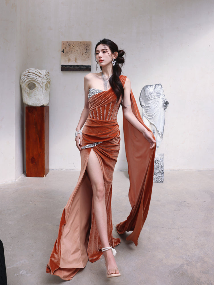 Dollytang Hilda One Shoulder Sequin Patchwork Velour Maxi Dress